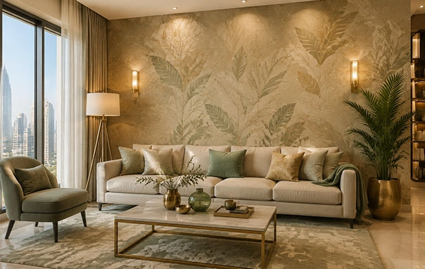 Neatly installed textured wallpaper with aligned seams
