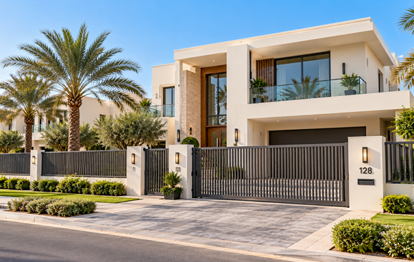 Freshly painted exterior metal fence at a Dubai property
