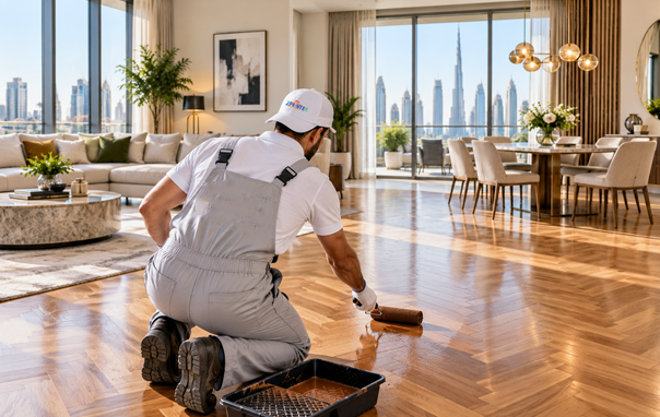 Beautifully restored parquet flooring in a luxury Dubai interior