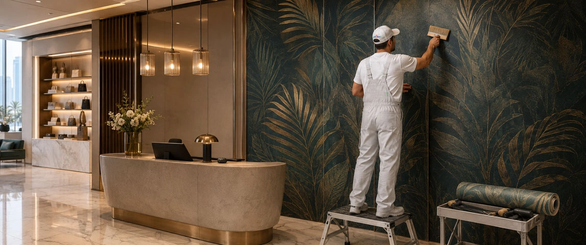 Decorative wallpaper installation for a commercial interior in Dubai