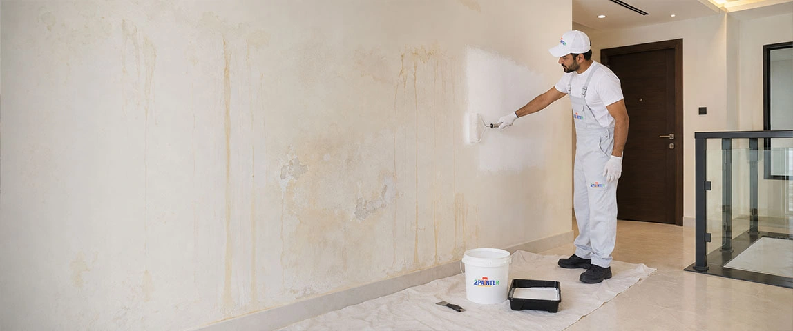 Moisture stained wall preparation in Dubai